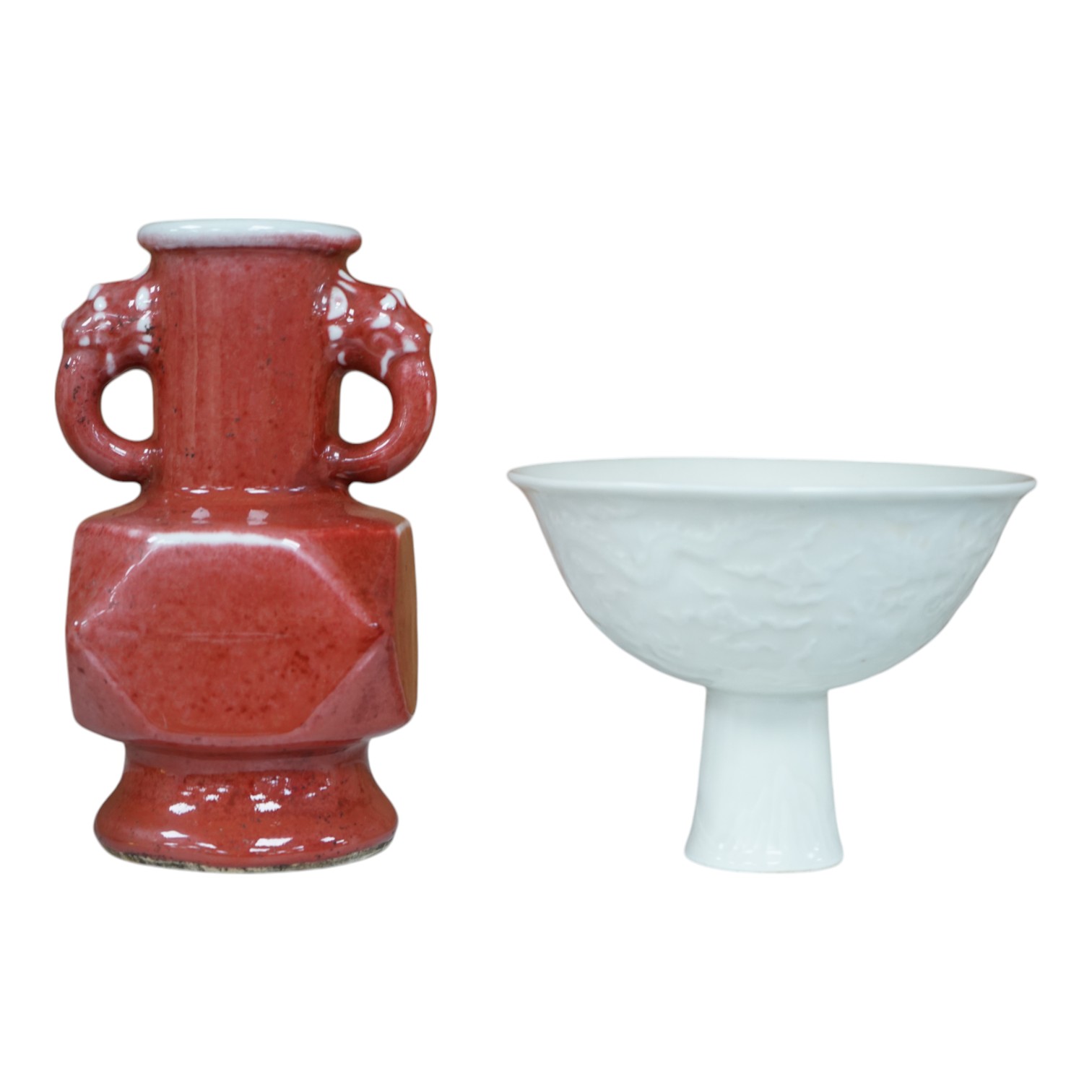 A Chinese red glazed elephant handled vase and a white glazed 'dragon' stem dish, tallest 18cm high. Condition - good